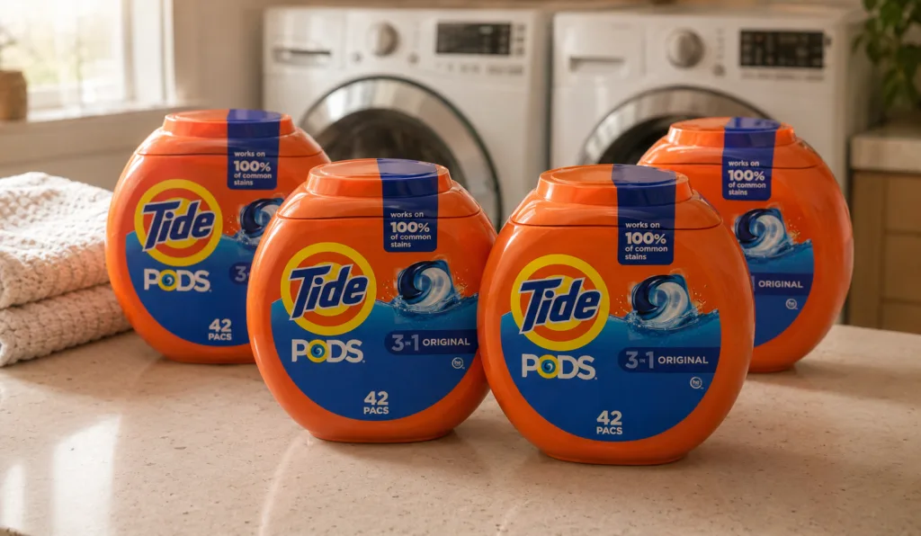 tide pods on counter in laundry room