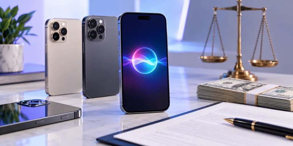 eligible smartphones beside settlement documents and cash representing the apple siri ai settlement.