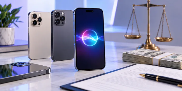 eligible smartphones beside settlement documents and cash representing the apple siri ai settlement.