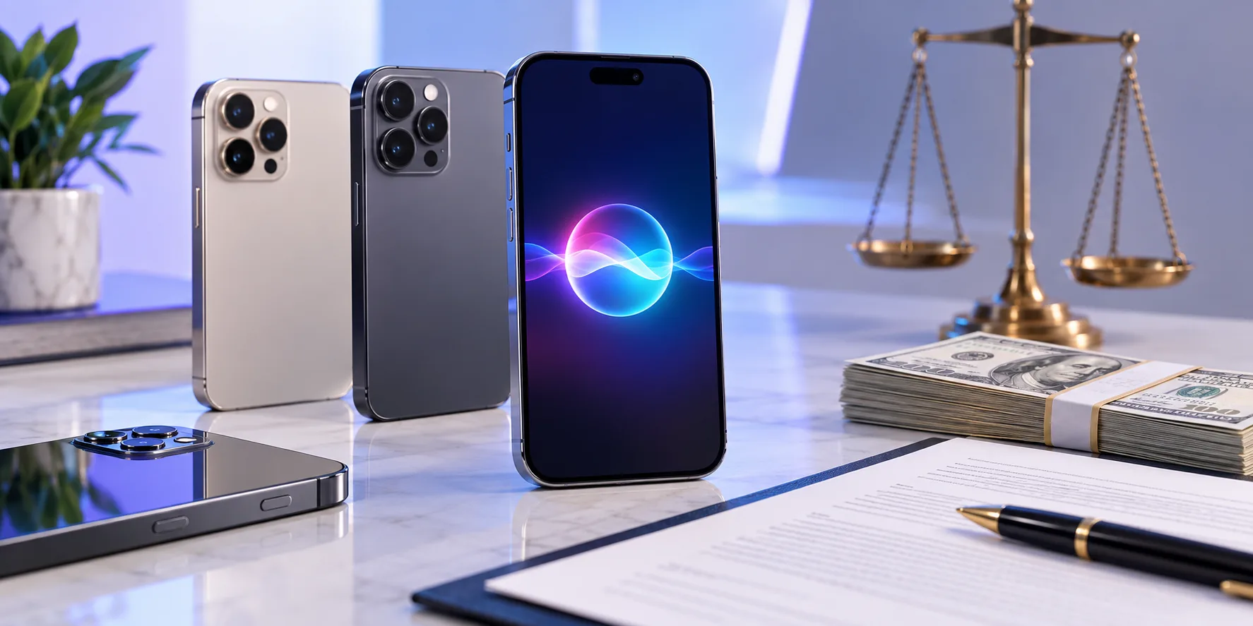 eligible smartphones beside settlement documents and cash representing the apple siri ai settlement.