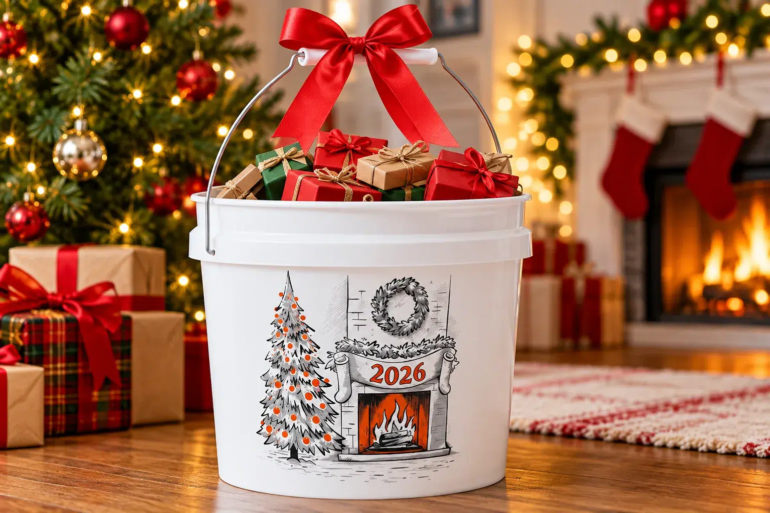 2026 christmas gift bucket by the fireplace